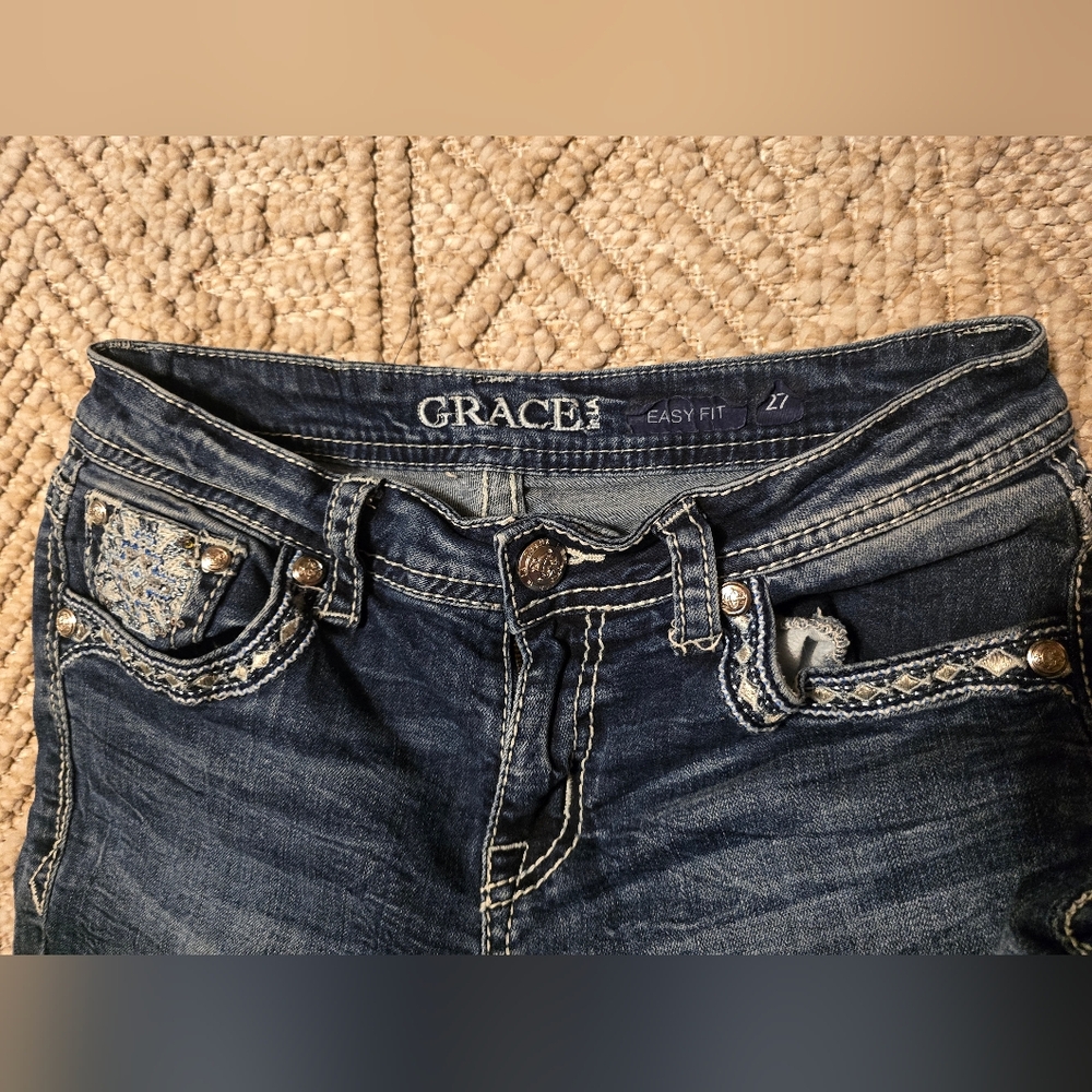 Grace in LA Women's Dark Blue Embroidered Boot Cut Jeans - Picture 4 of 12